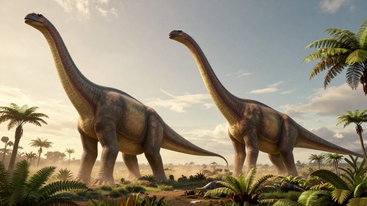 Comparación de escala entre un gigantesco Argentinosaurus y un colosal Spinosaurus en una llanura prehistórica.