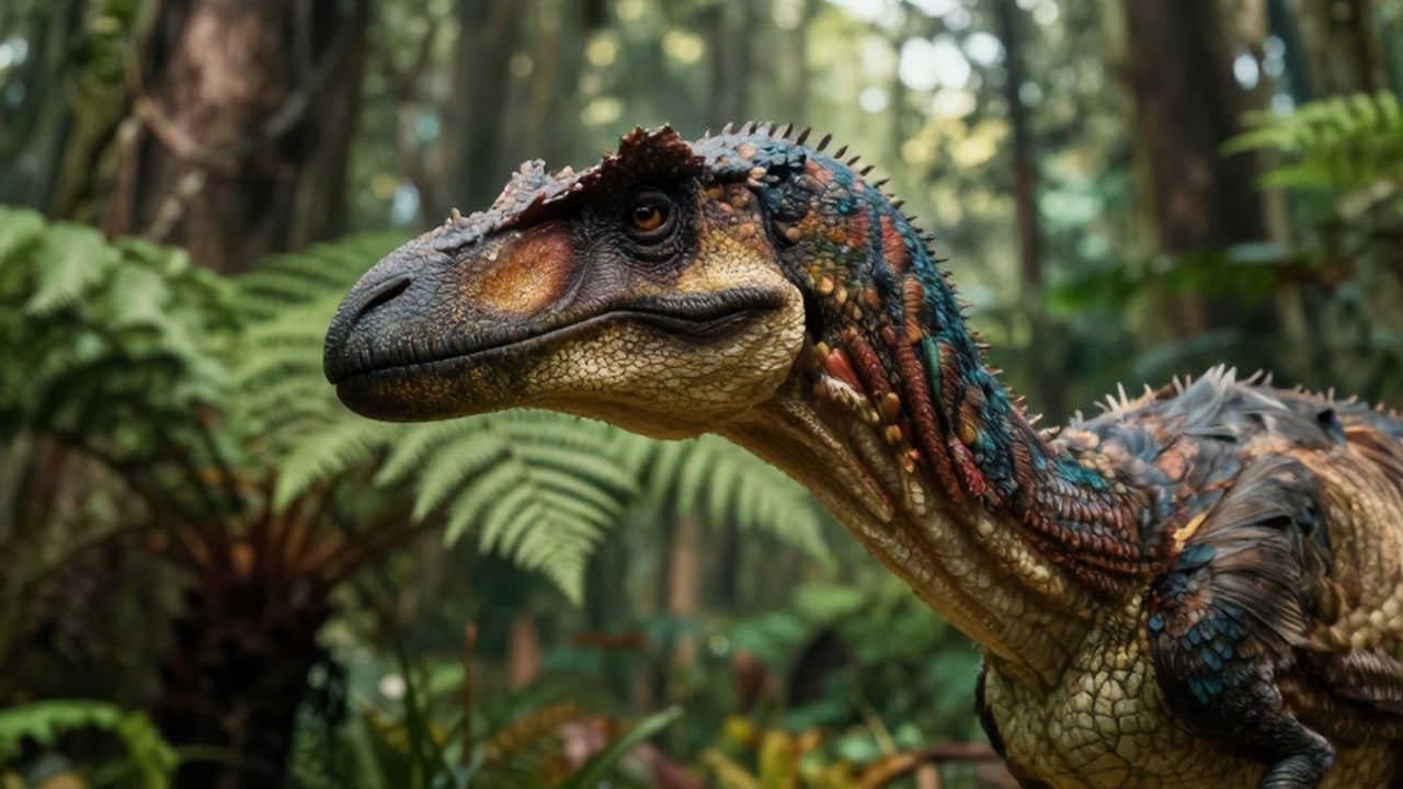 Primer plano de un Deinonychus con plumaje iridiscente en un bosque de helechos prehistóricos.