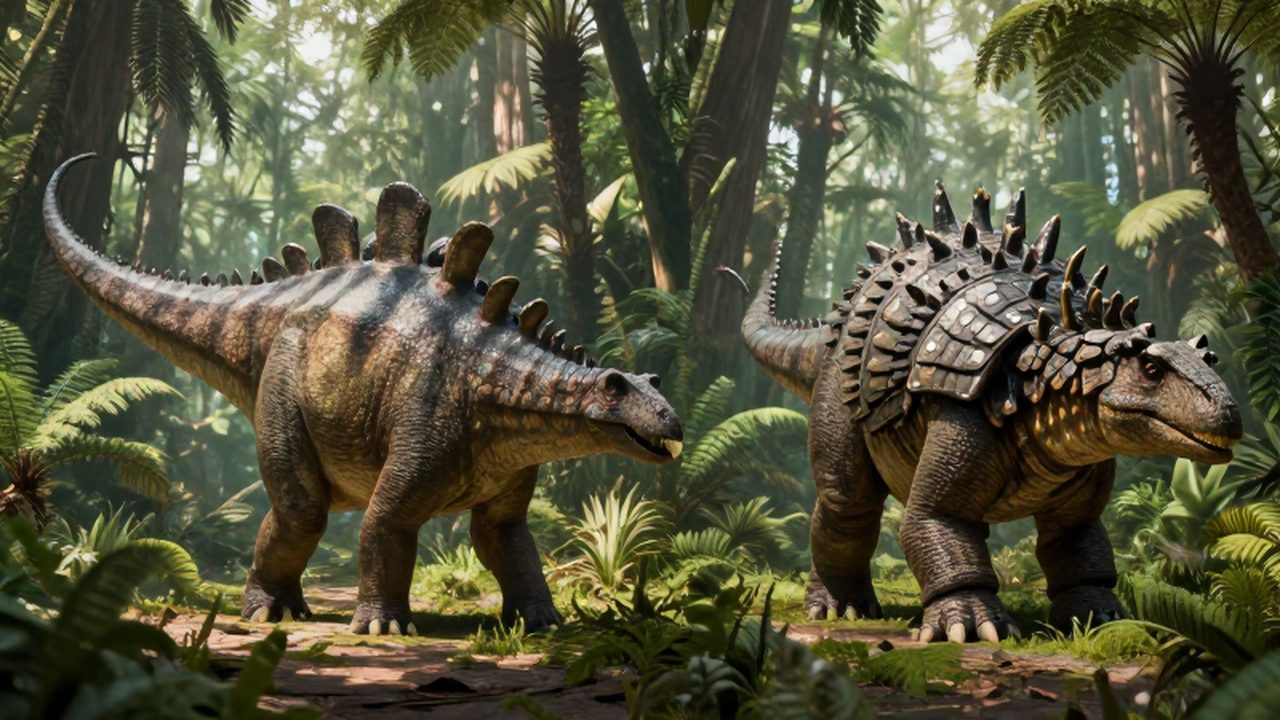 Un Stegosaurus y un Nodosaur con armaduras naturales habitan un espeso bosque de helechos prehistóricos.