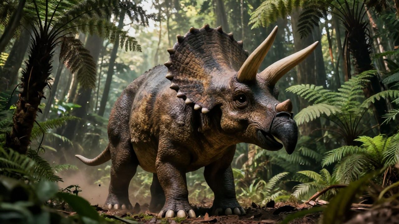 Triceratops con grandes cuernos y gola ósea en un denso bosque de helechos prehistóricos.