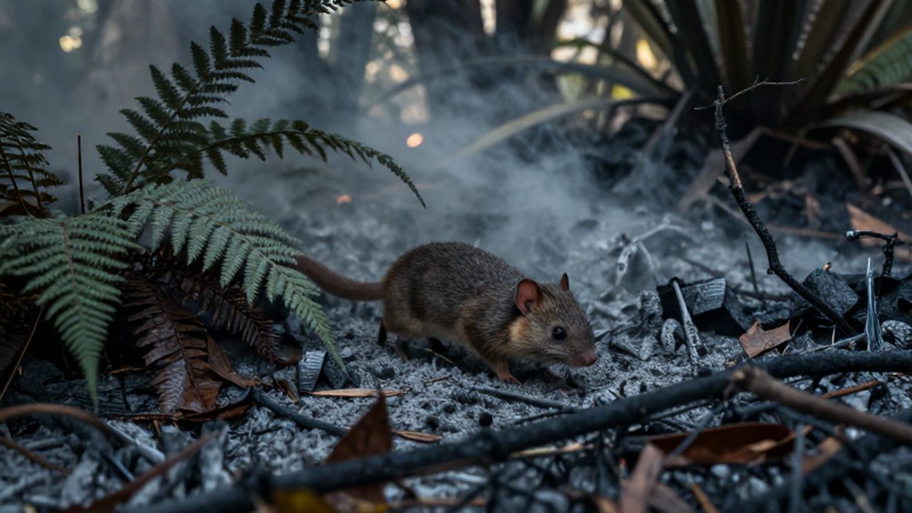 Pequeño mamífero recorre el suelo de un bosque prehistórico devastado por incendios y ceniza.