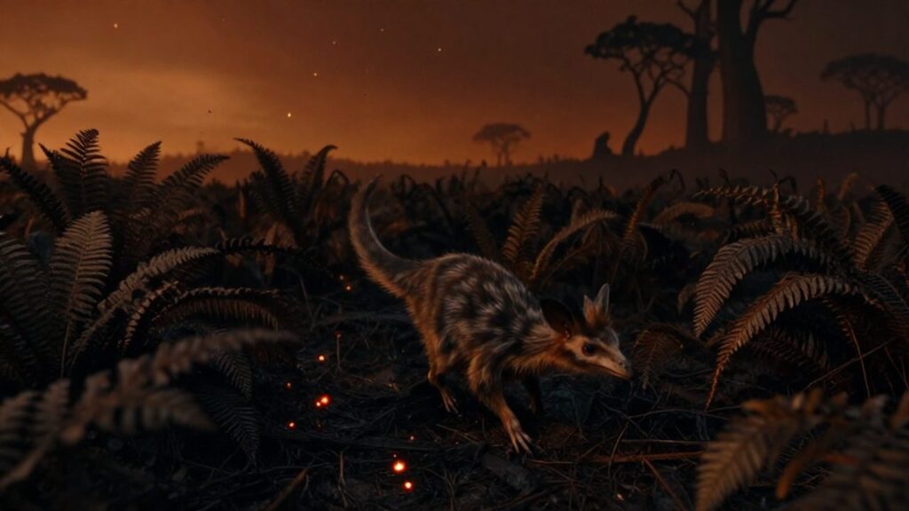 Un pequeño mamífero con plumas corre entre helechos carbonizados bajo un cielo naranja lleno de ceniza.