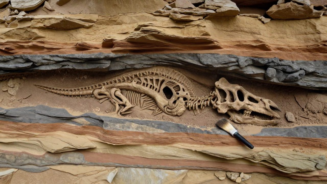 Cráneo de Triceratops parcialmente descubierto entre capas de estratos sedimentarios de roca.