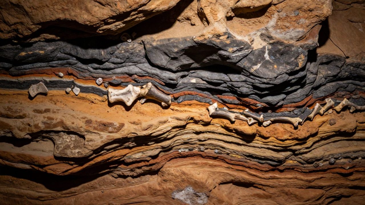 Capas de roca sedimentaria de colores con fragmentos de huesos de dinosaurio fósiles incrustados.