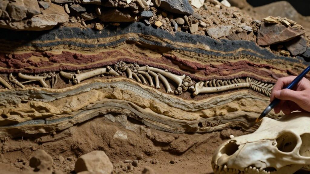 Restos de un cráneo de Triceratops incrustados entre capas de sedimentos y rocas antiguas.