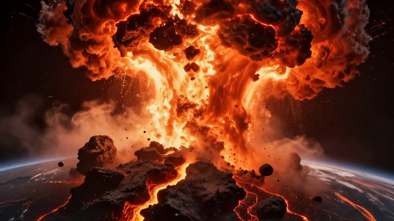 Un enorme asteroide impacta la Tierra provocando una colosal onda expansiva de fuego y magma.
