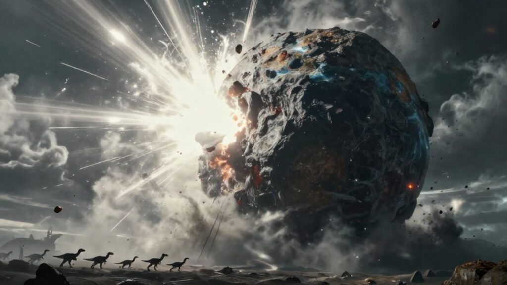 Impacto de un asteroide masivo sobre una Tierra primitiva con una manada de dinosaurios huyendo.