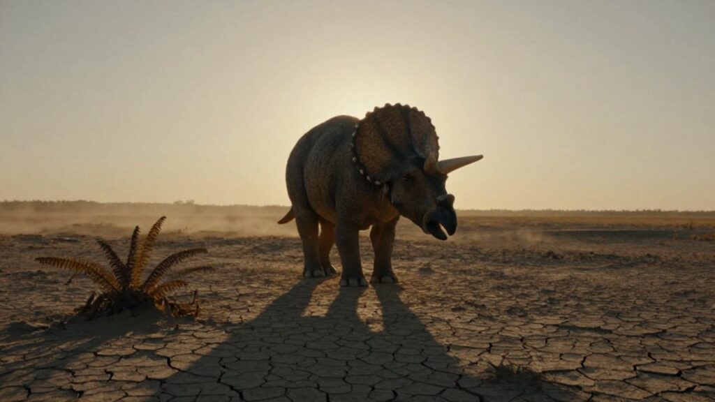 Un triceratops agotado cojea por un paisaje desértico y agrietado bajo la luz del atardecer.