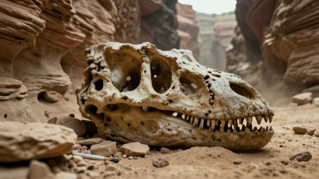 Cráneo de dinosaurio fosilizado entre capas de roca sedimentaria junto a un pincel de paleontólogo.