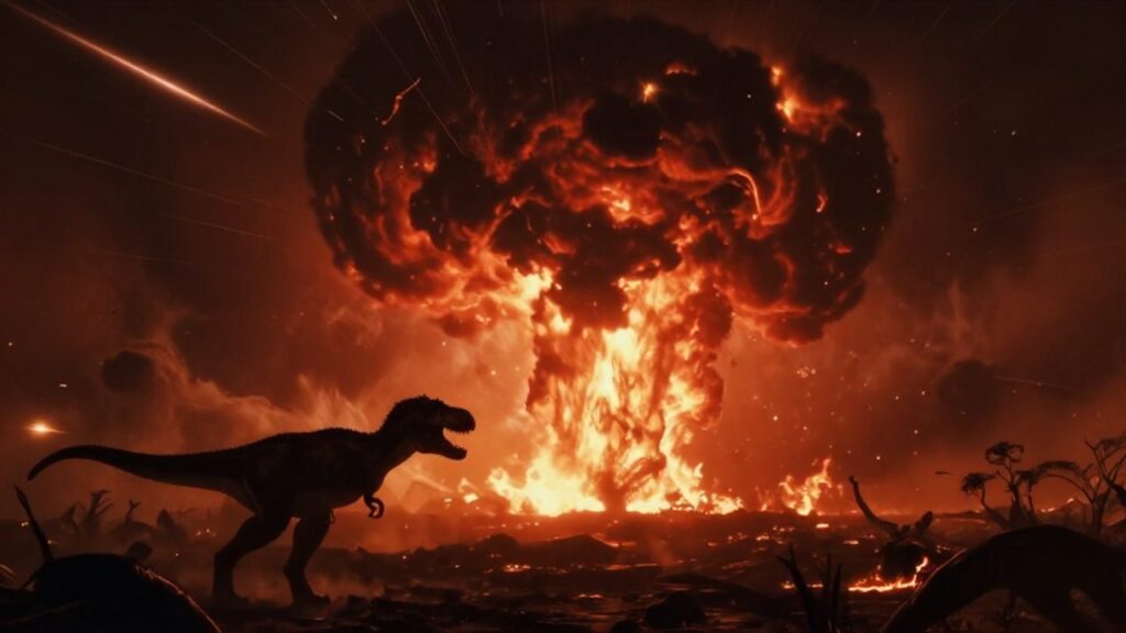 Un tiranosaurio rex observa la silueta de un gran asteroide impactando el horizonte cretácico.