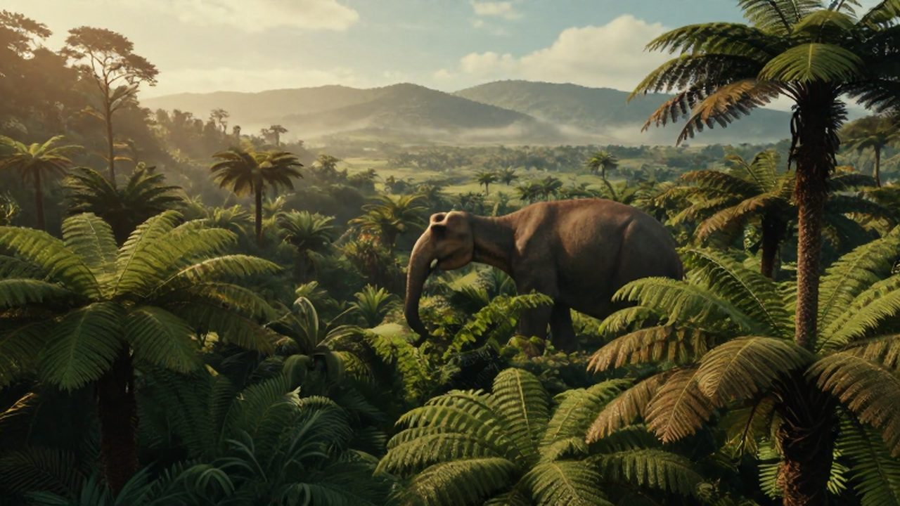 Un Brachiosaurus pasta en la copa de árboles altos dentro de un valle prehistórico selvático.