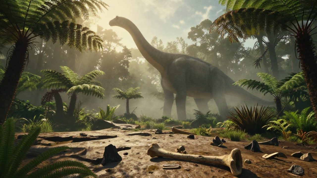 Silueta de un Brachiosaurus entre helechos y neblina matutina en un valle prehistórico.