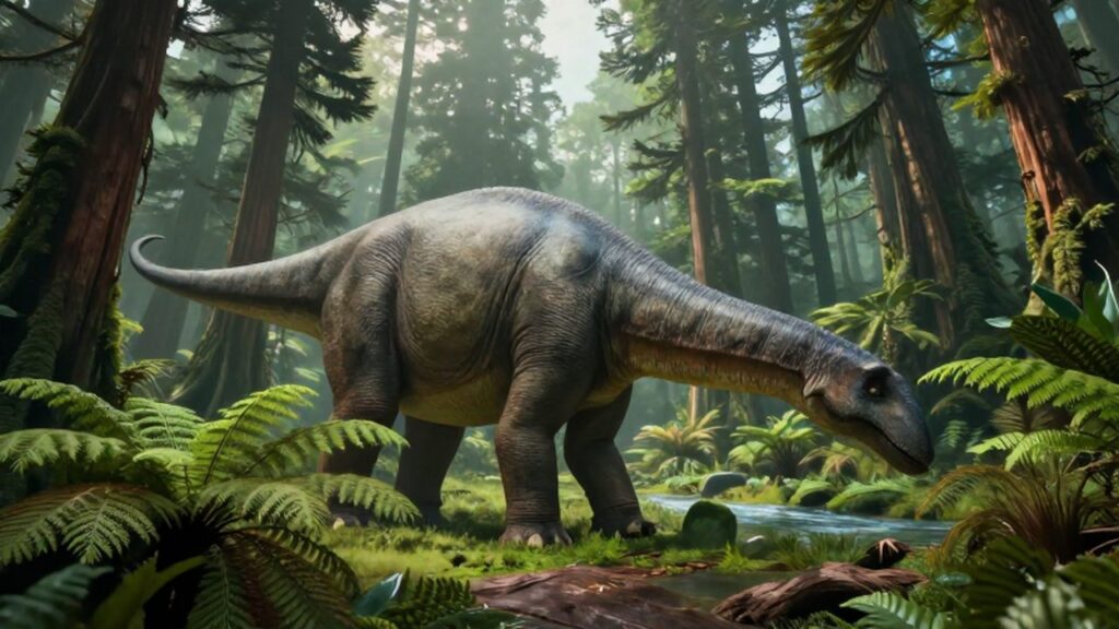 Un enorme braquiosaurio pasta helechos en una selva de coníferas bajo la luz filtrada del sol.