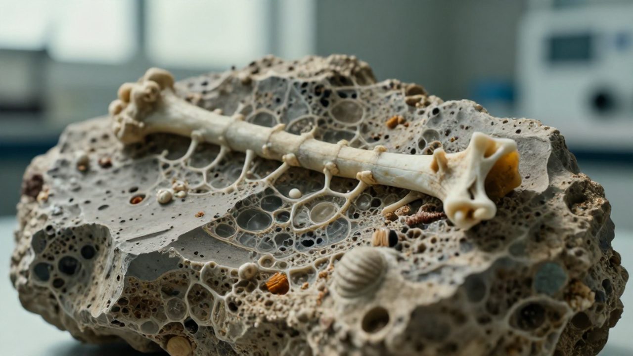 Detalle de un hueso de dinosaurio y una concha prehistórica incrustados en roca sedimentaria.