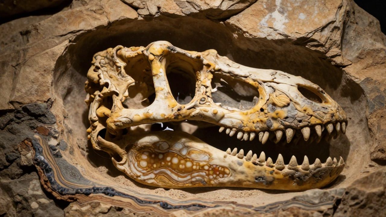 Cráneo de dinosaurio fosilizado parcialmente incrustado entre estratos de roca sedimentaria de tonos ocres.