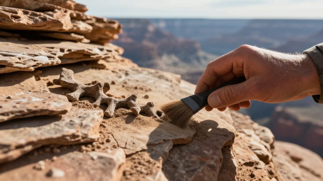 Mano de un paleontólogo limpiando con un pincel una vértebra de dinosaurio en la roca.