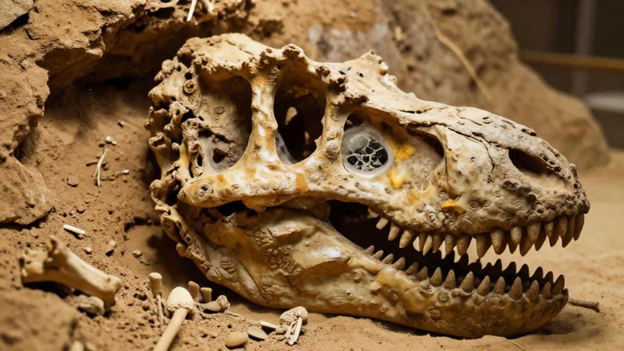Cráneo de un Tyrannosaurus Rex parcialmente incrustado en un lecho de roca sedimentaria.