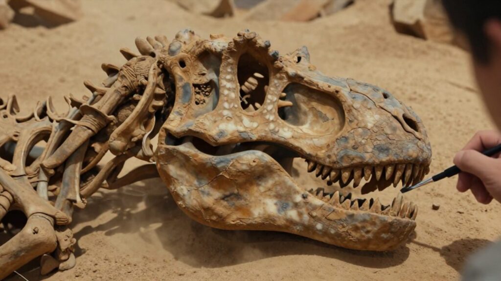 Fósil de Tyrannosaurus rex parcialmente descubierto entre capas de roca con un pincel de paleontólogo.