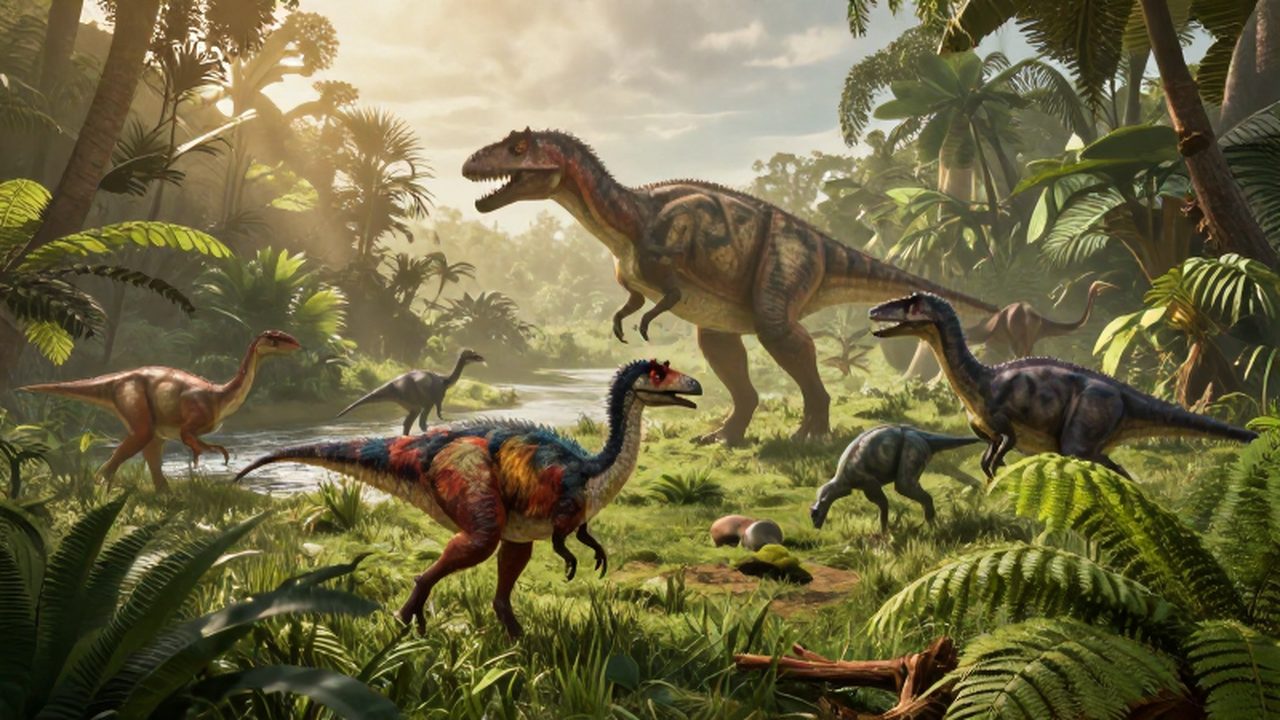 Dinosaurios con plumas y grandes herbívoros pastan junto a un río en una selva prehistórica.
