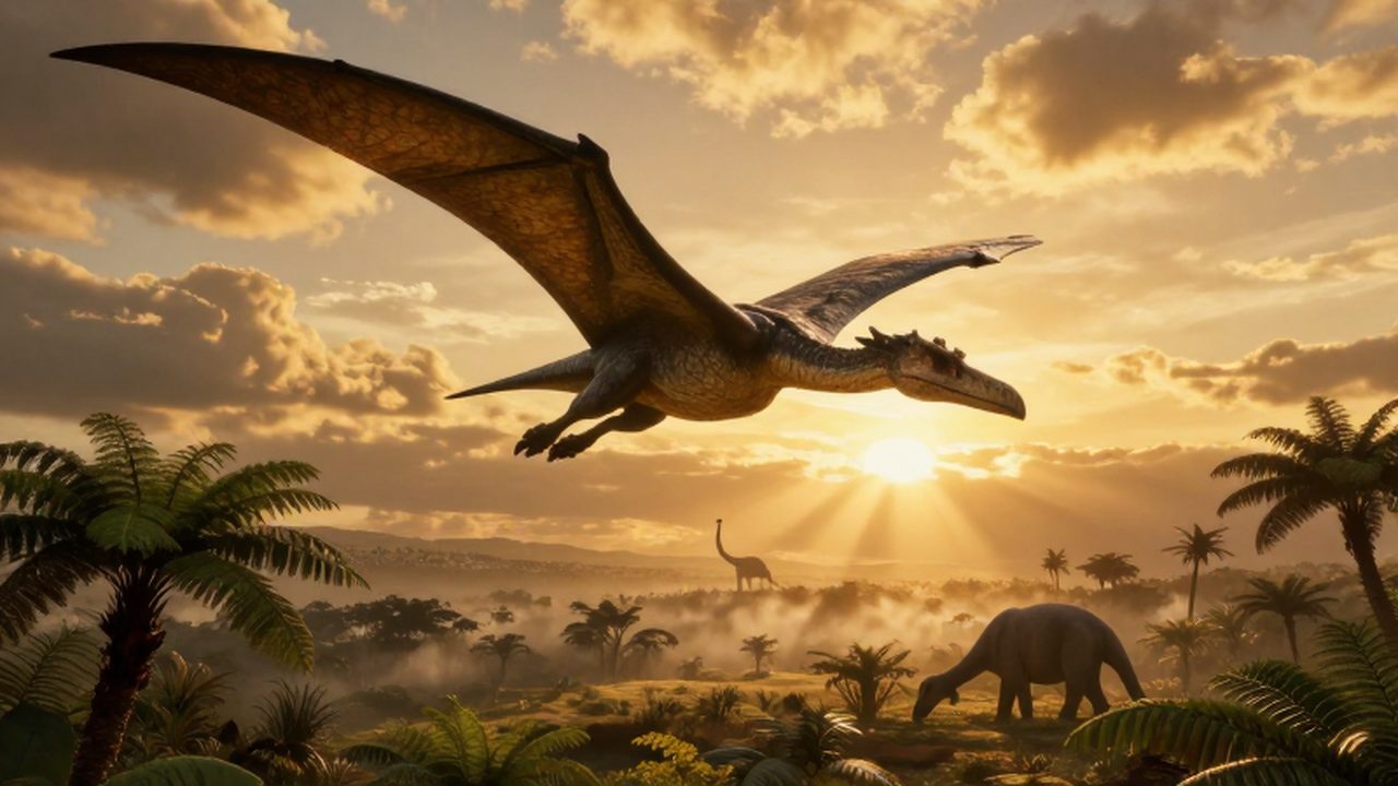 Un pterosaurio sobrevuela un valle prehistórico con un saurópodo pastando al atardecer.