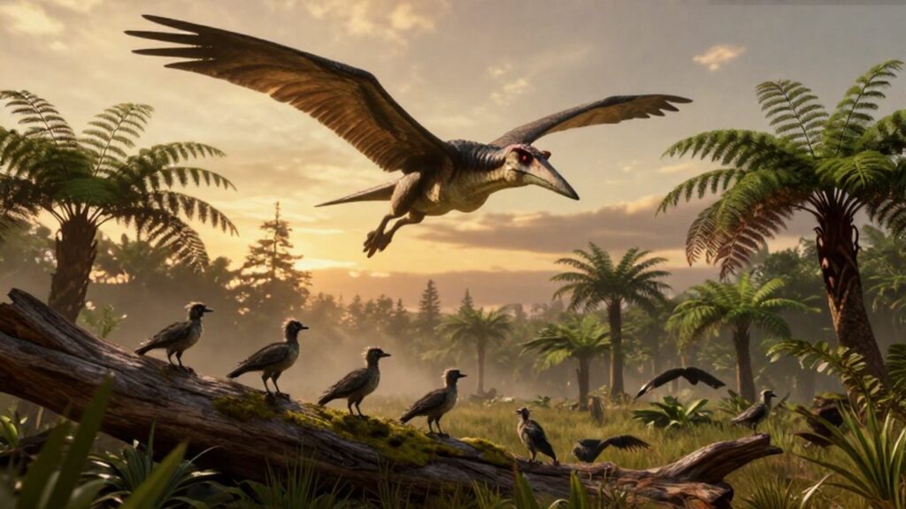 Un Quetzalcoatlus vuela sobre un bosque prehistórico mientras varios Microraptores descansan sobre un tronco.