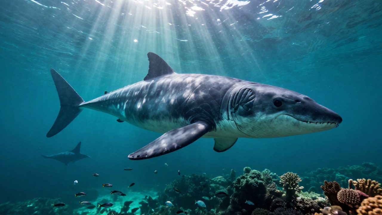 Un enorme plesiosaurio nada entre arrecifes de coral y bancos de peces en un océano prehistórico.