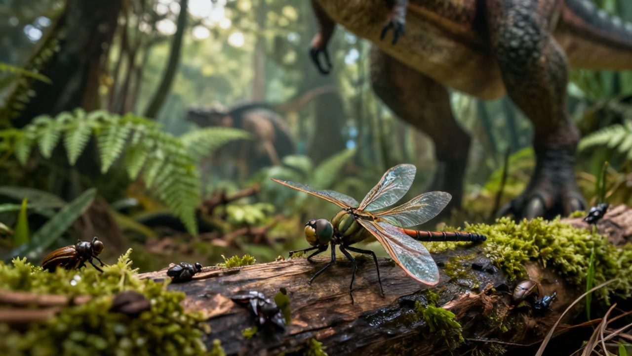 Libélula gigante prehistórica sobre un tronco musgoso con la huella de un dinosaurio al fondo.