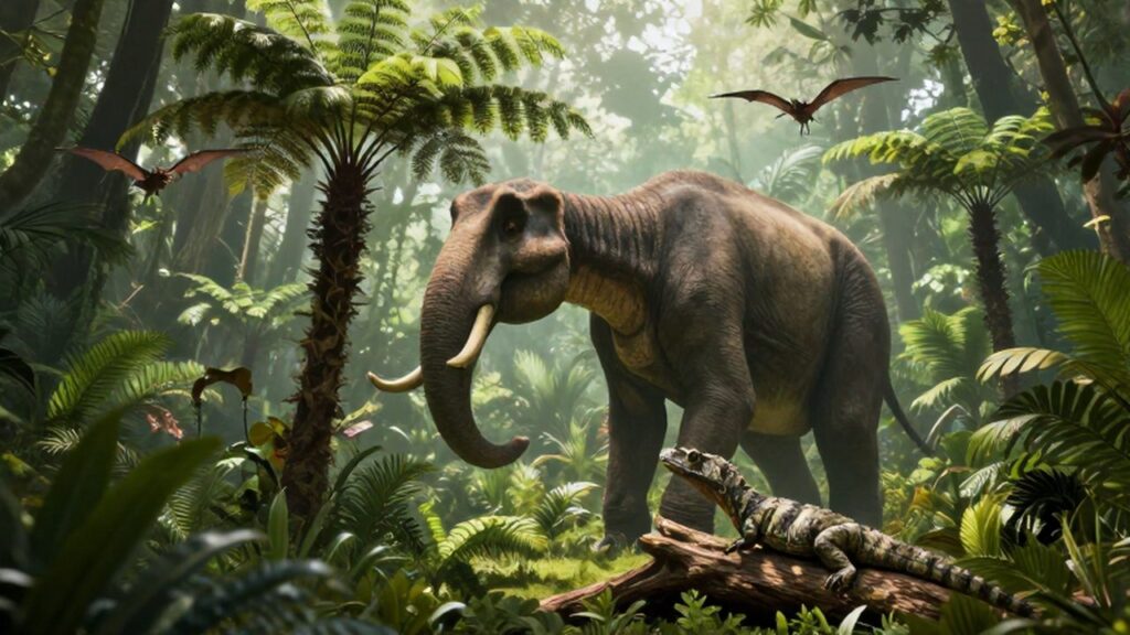 Un enorme braquiosaurio pasta entre helechos en una exuberante y neblinosa selva jurásica.
