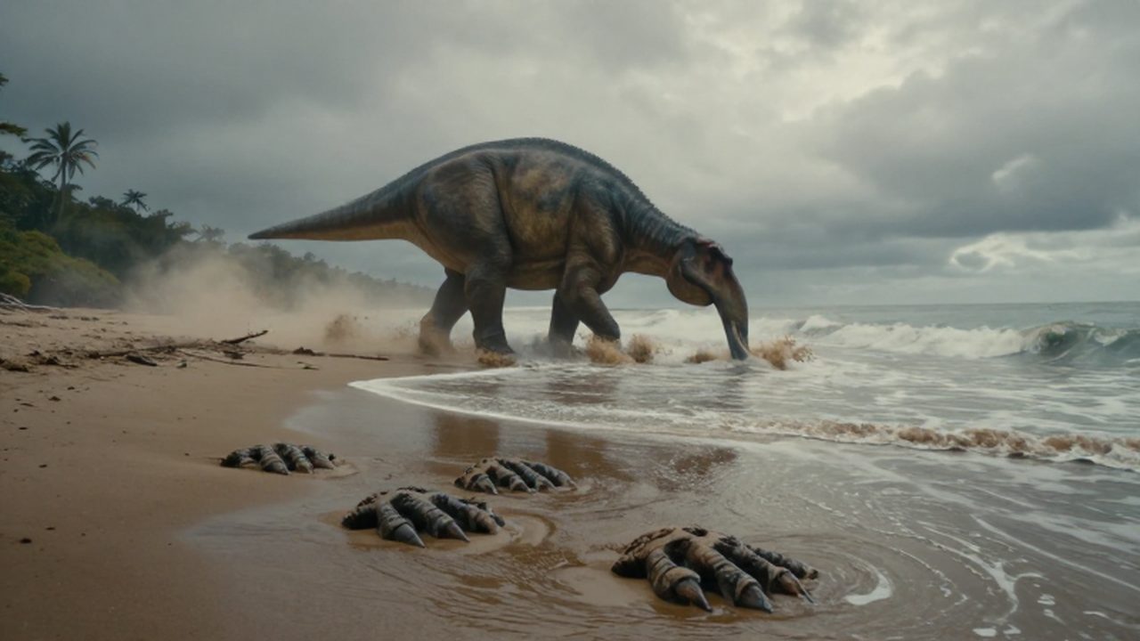 Un Edmontosaurus pasta junto a una costa prehistórica con huellas gigantescas en el lodo.
