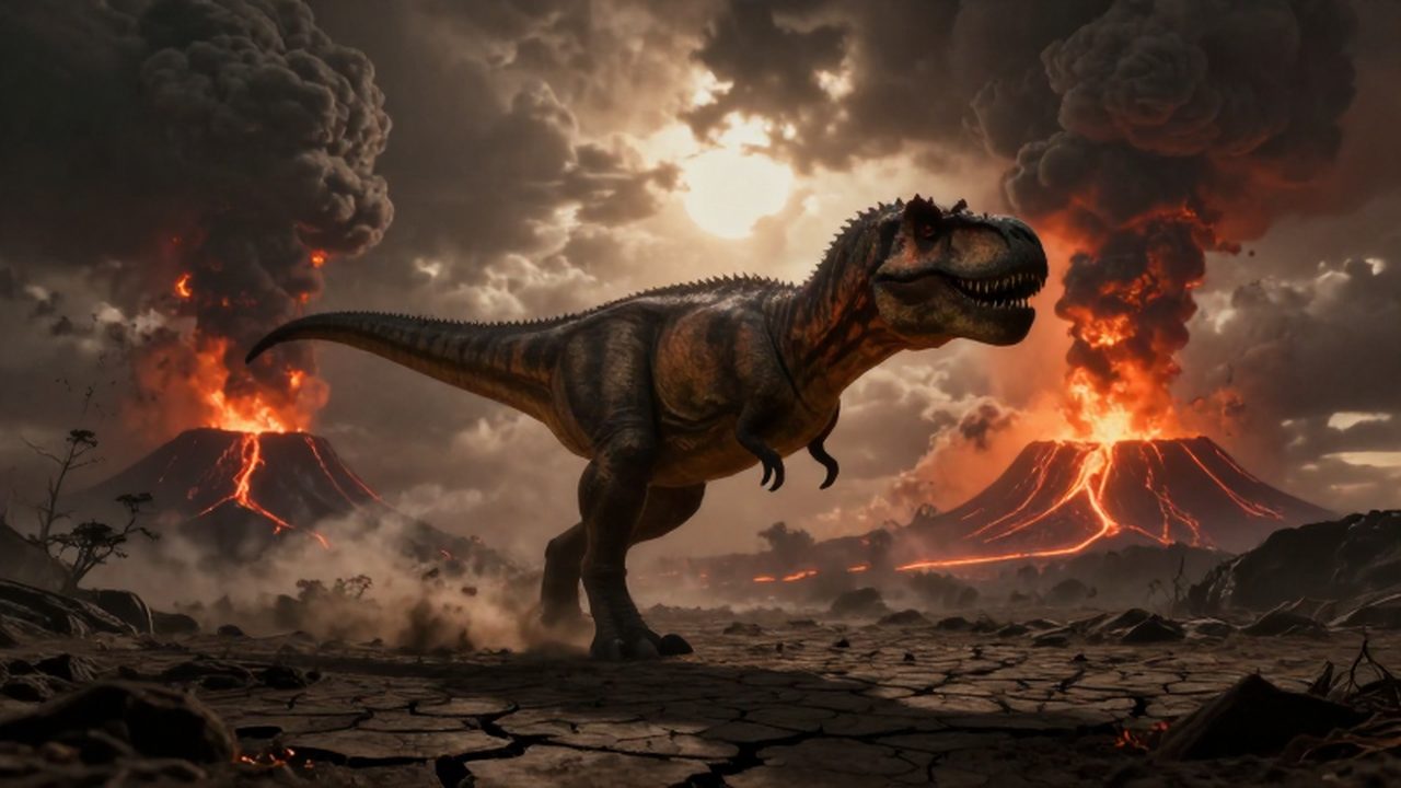 Un colosal tiranosaurio rex sobre un paisaje desértico rodeado de erupciones volcánicas y lava.
