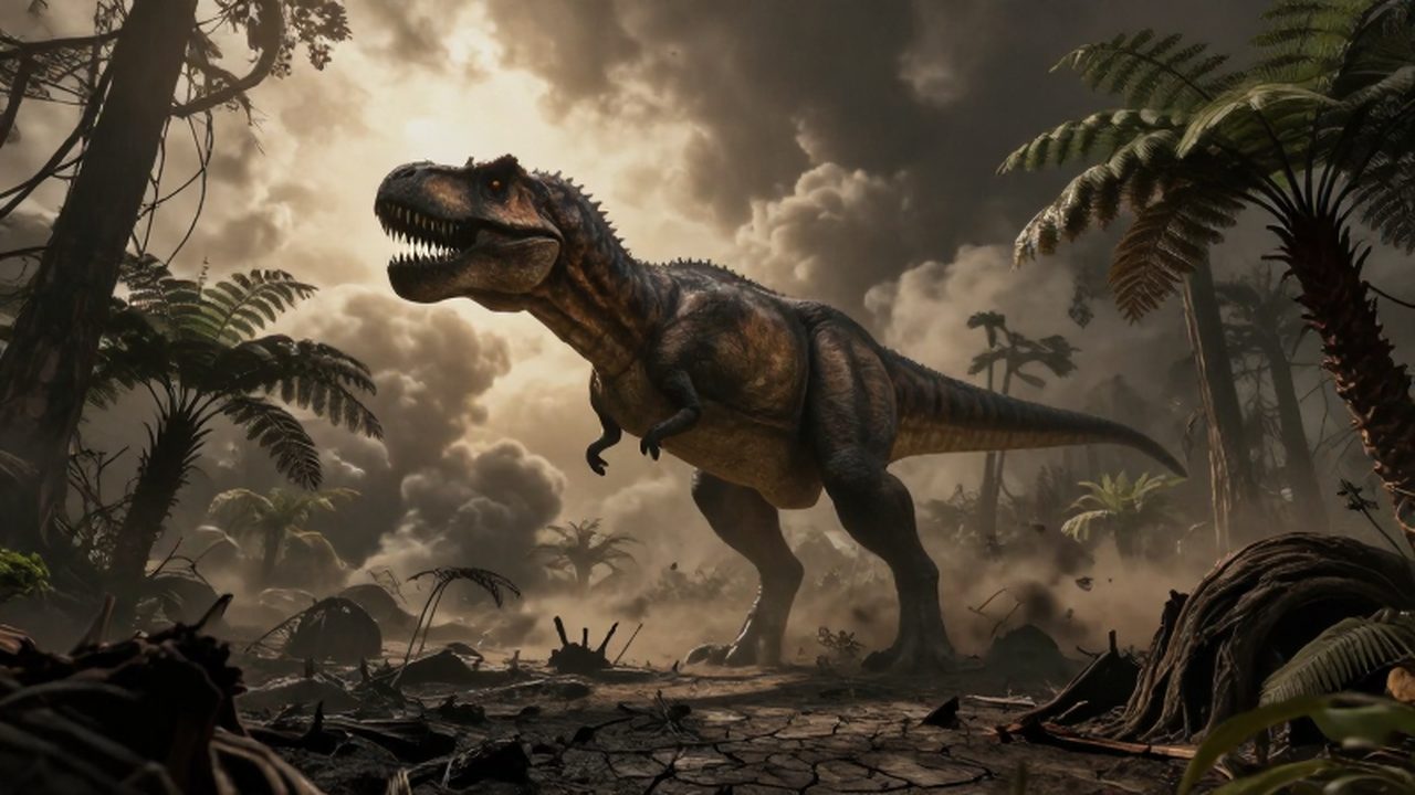 Un colosal tiranosaurio rex se alza sobre un bosque prehistórico marchito y ceniciento.