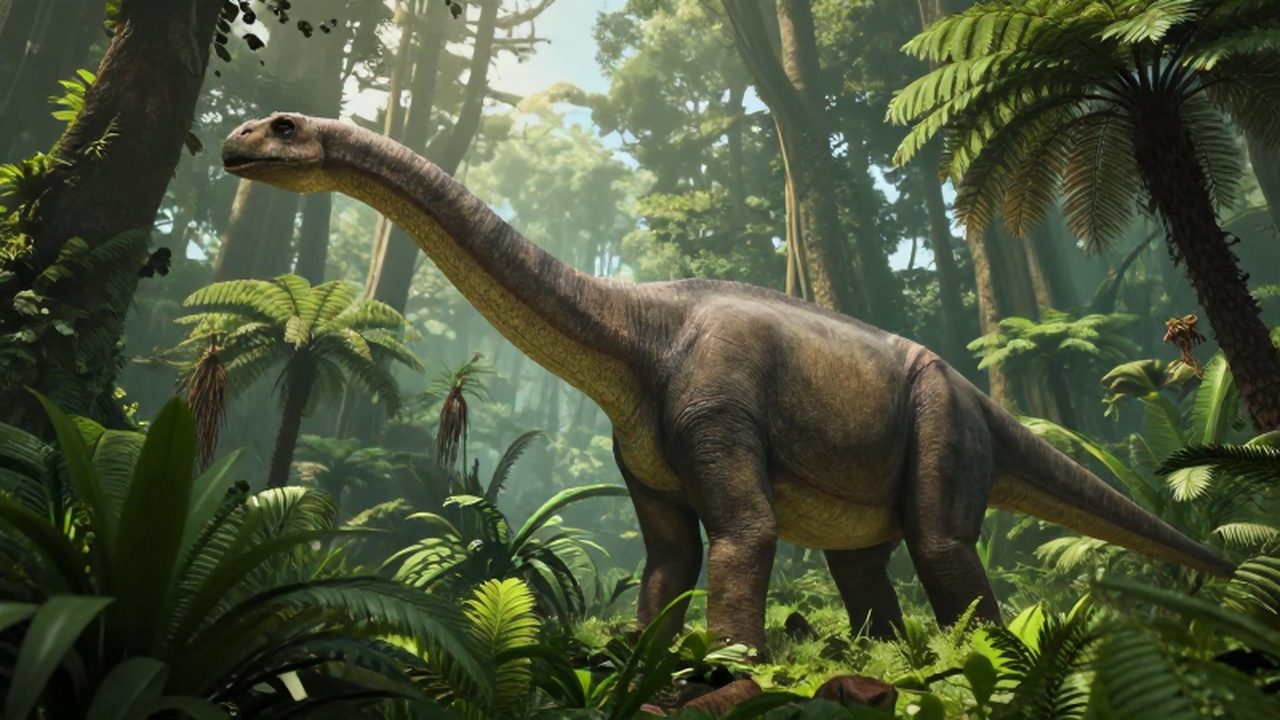 Un enorme braquiosaurio pasta entre la densa vegetación de una selva prehistórica.