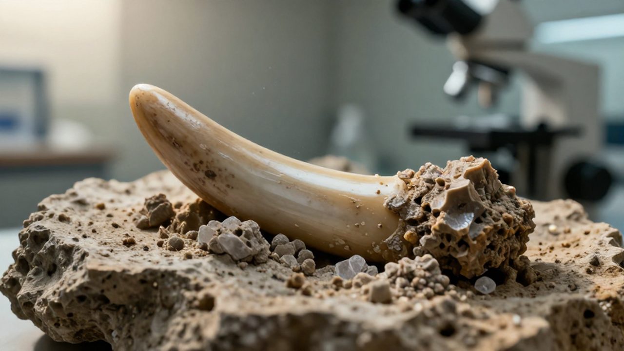 Primer plano de un diente de dinosaurio fosilizado incrustado en roca sedimentaria.