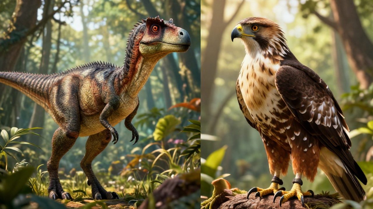 Comparación evolutiva entre un dinosaurio Deinonychus con plumas y un halcón moderno en un bosque.