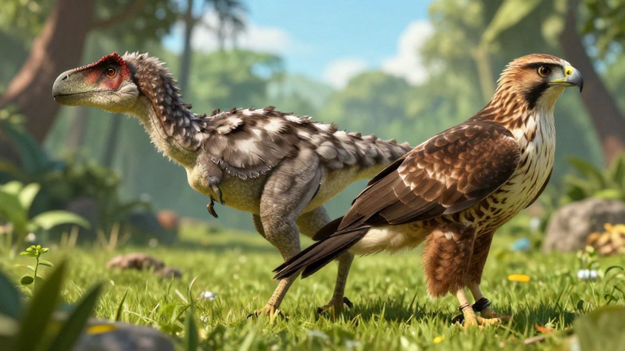 Perfil dividido de un Deinonychus emplumado que se transforma en un halcón moderno sobre un fondo de selva y pradera.