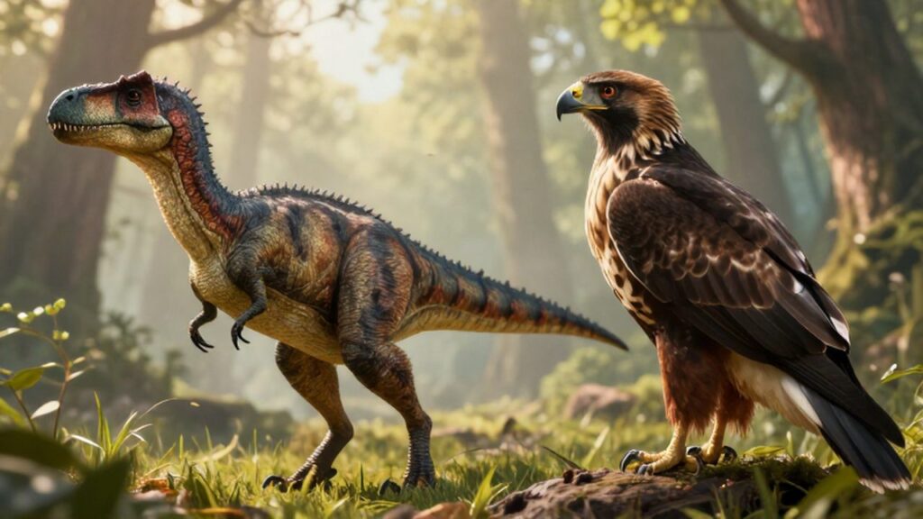 Comparativa lateral entre un dinosaurio Deinonychus emplumado y un halcón moderno en un entorno boscoso.