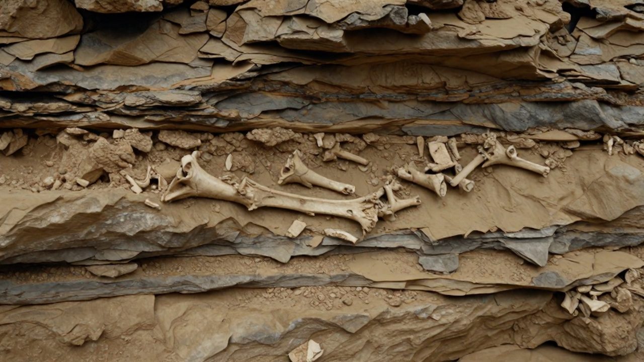 Capas de roca sedimentaria con fragmentos de huesos de dinosaurio fósiles incrustados en el sedimento.