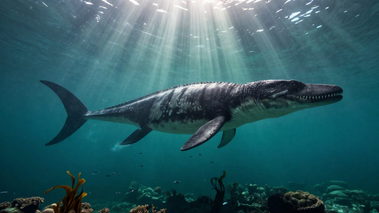 Un enorme Mosasaurus nada en un océano prehistórico con rayos de luz filtrándose entre el agua.