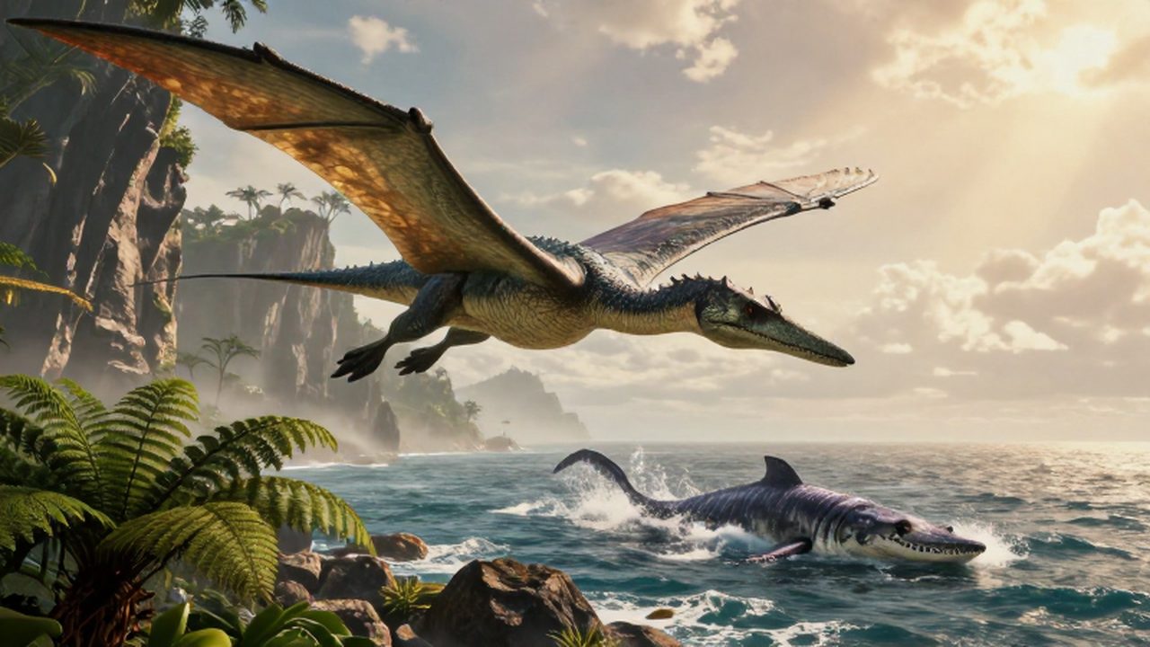 Un pterosaurio sobrevuela una costa prehistórica mientras un mosasaurio emerge del océano bajo la luz dorada.