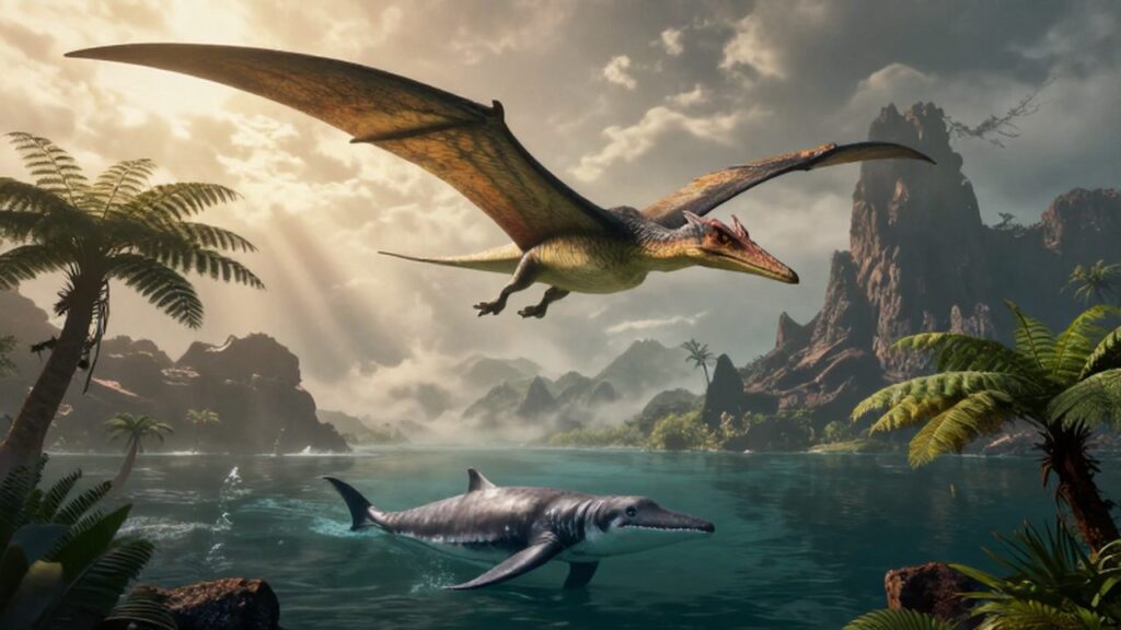 Un pterosaurio vuela sobre una laguna tropical donde un plesiosaurio nada entre acantilados volcánicos.