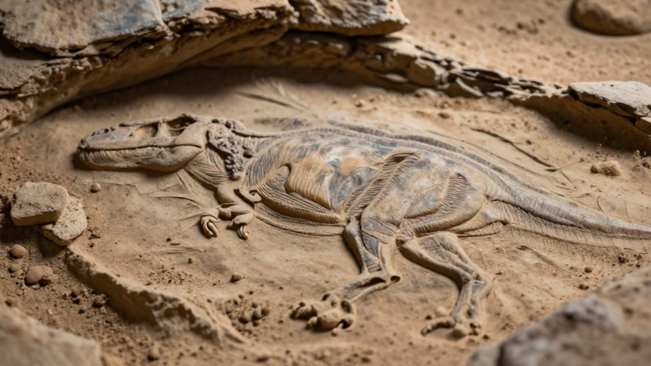 Restos fósiles de un dinosaurio con huellas de piel incrustados en roca sedimentaria.