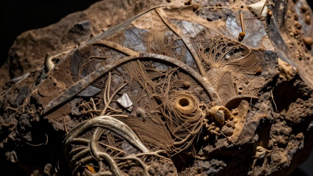 Primer plano detallado de fragmentos de tejido blando y fibras de colágeno en un fósil de dinosaurio.