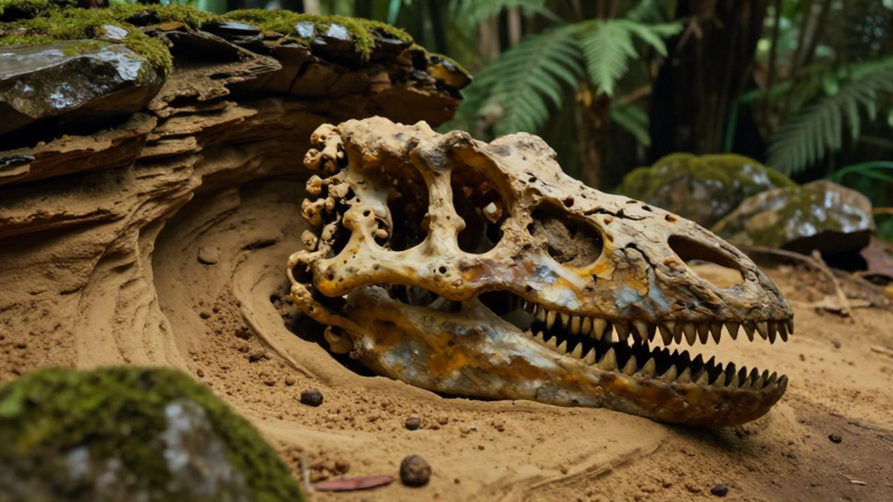 Cráneo de dinosaurio parcialmente fosilizado incrustado en capas de roca sedimentaria bajo un denso bosque.
