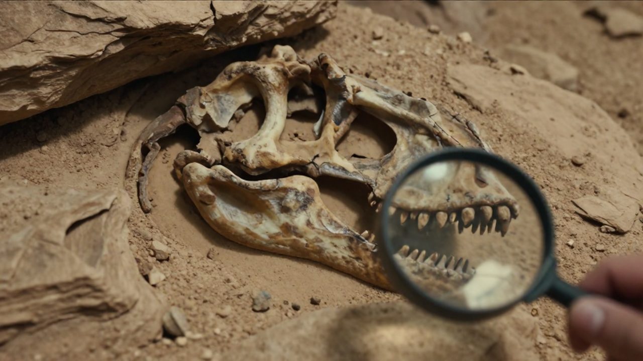 Lupa enfocando un pequeño fragmento de un esqueleto de Tiranosaurio rex fósil en la roca.