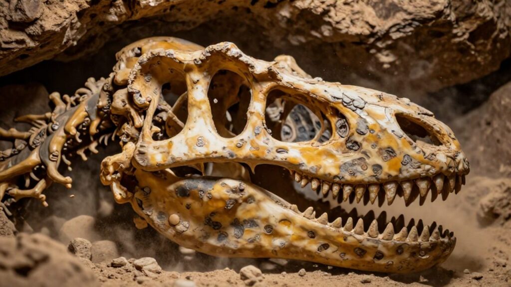 Primer plano de un cráneo fósil de Tyrannosaurus rex parcialmente incrustado en roca sedimentaria.