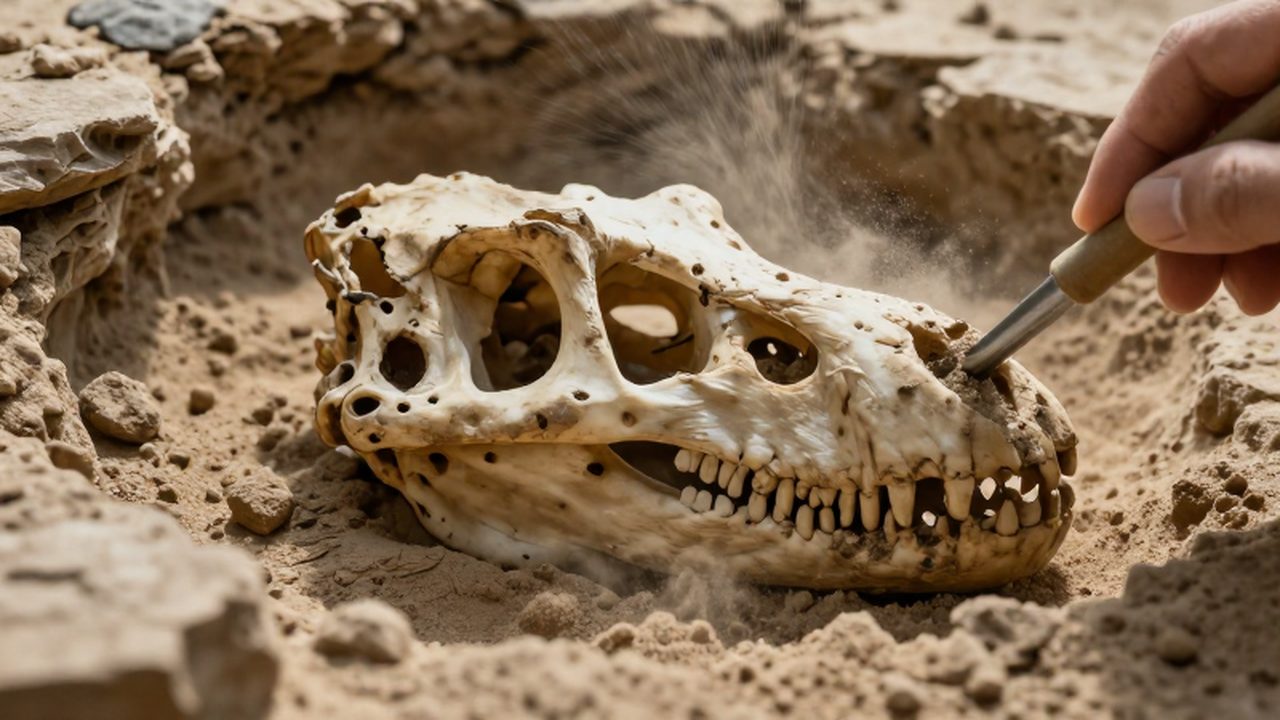 Un primer plano de un cráneo de dinosaurio siendo limpiado con un pincel entre sedimentos rocosos.