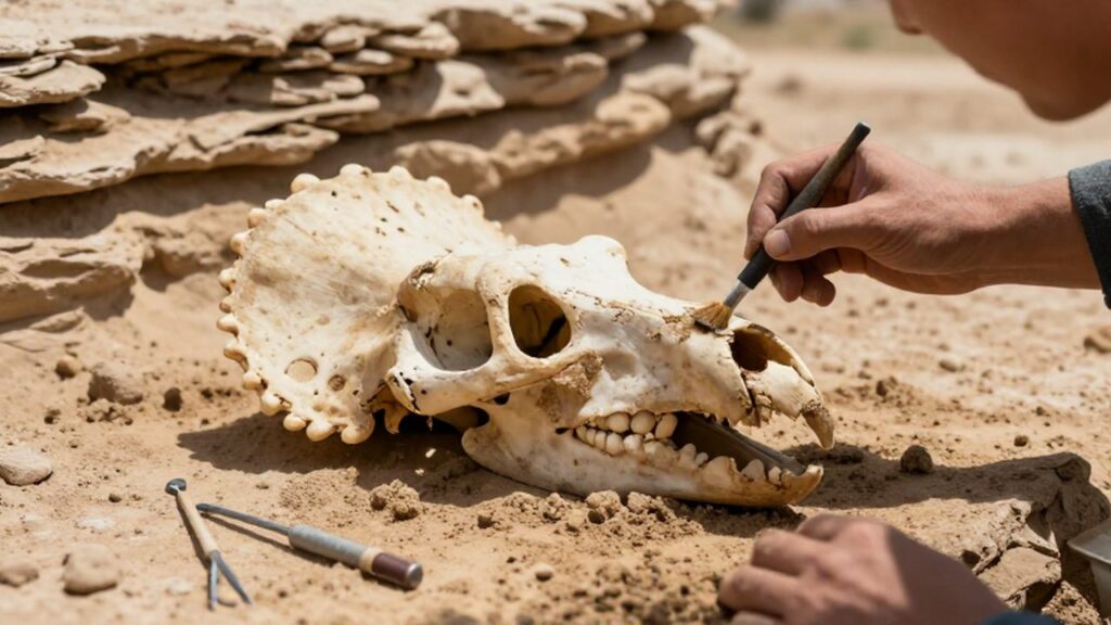 Paleontólogo limpiando con un pincel un cráneo de Triceratops en un yacimiento desértico.
