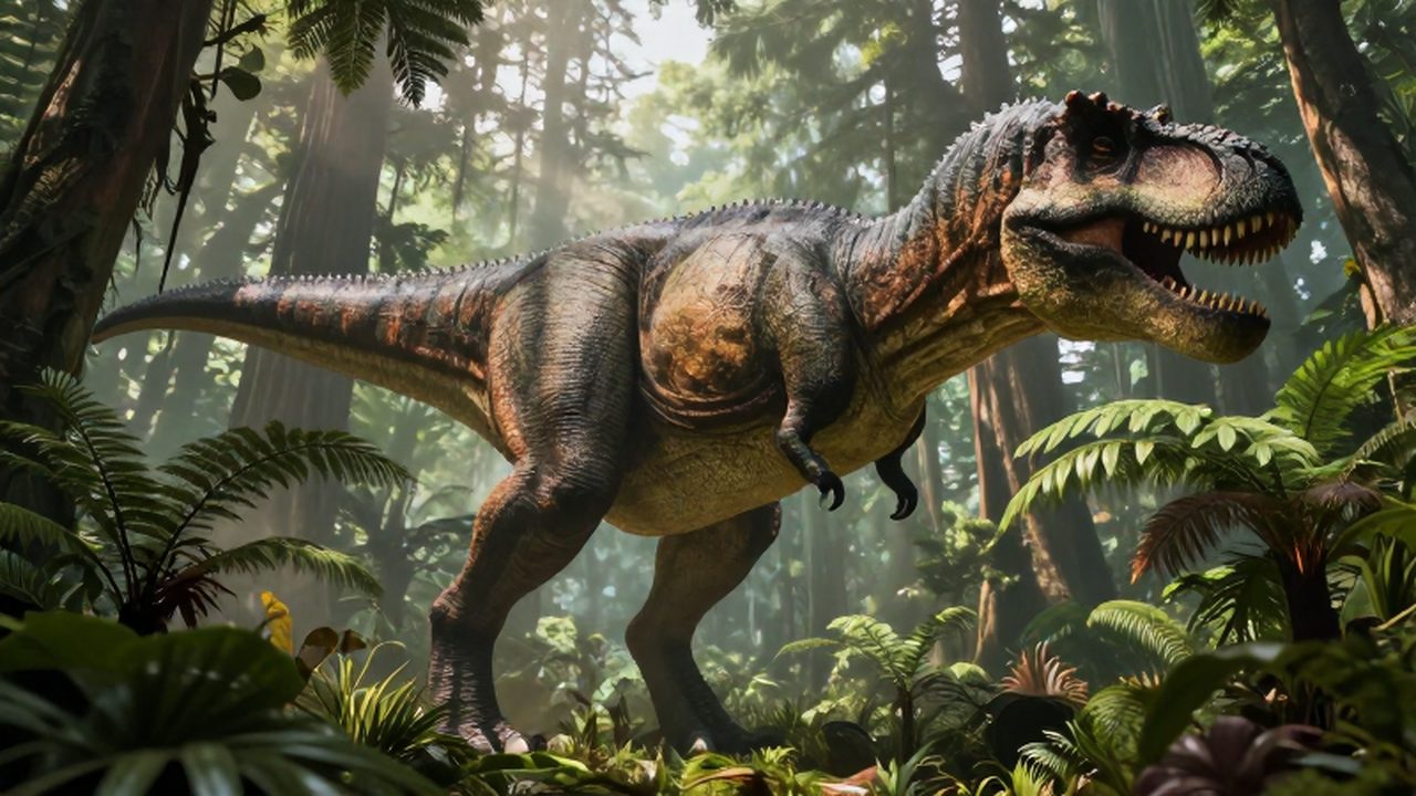 Un enorme Tyrannosaurus Rex de pie entre helechos y coníferas en una selva prehistórica neblinosa.