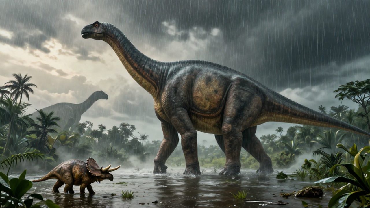 Un colosal Argentinosaurus camina por una llanura inundada bajo la lluvia junto a un pequeño triceratops.
