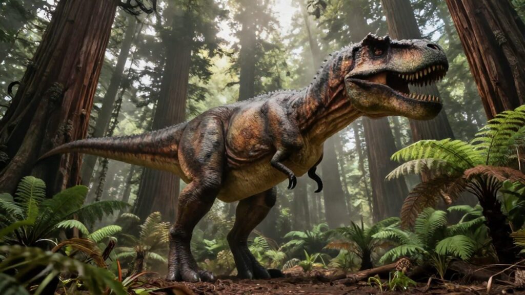 Un imponente Tyrannosaurus Rex camina entre helechos y árboles gigantes en un bosque prehistórico neblinoso.